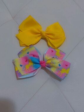 Bright Yellow and Rainbow Unicorn Kids Hair Bow Set